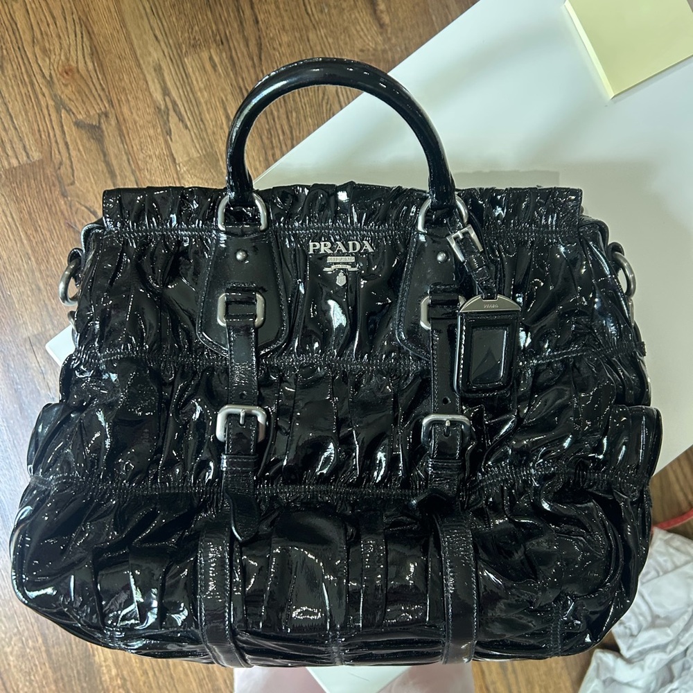 Prada Black Patent Ruched Tote with Buckle Accents - Picture 10 of 10